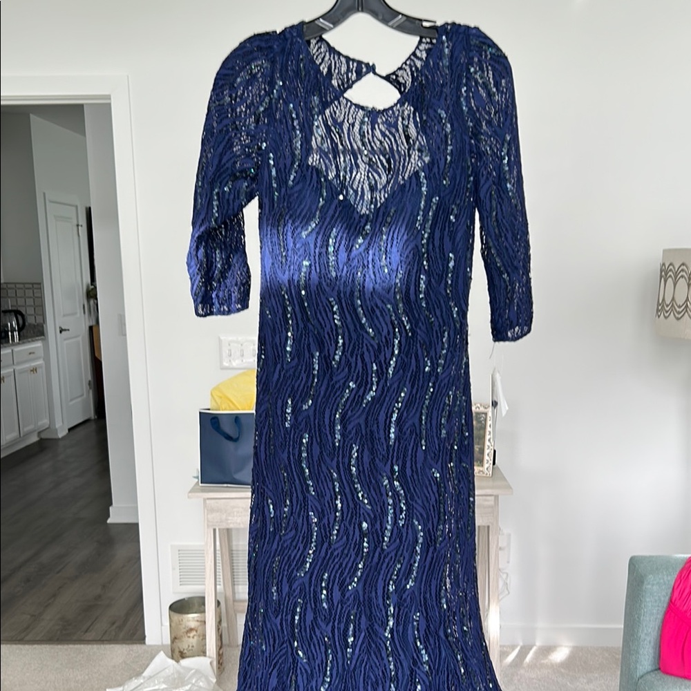 Teri Jon Blue Sequin Sheath Evening Gown with 3/4  Sleeves and lace bodice .